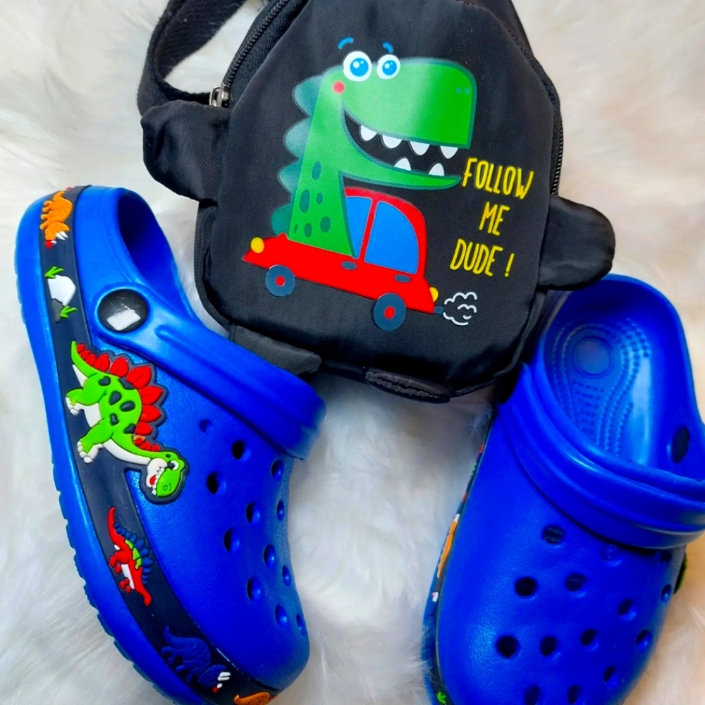Black Mini backpack and blueDino slides